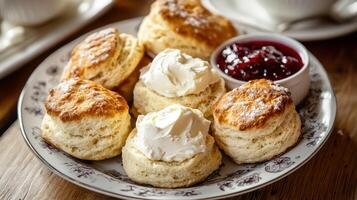Freshly baked scones with cream and jam served on a decorative plate during afternoon tea photo