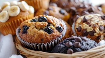 Freshly baked muffins and cupcakes in a woven basket with various toppings and flavors displayed on a table photo