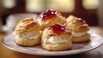 Freshly baked scones with cream and jam served on a plate in a cozy setting photo
