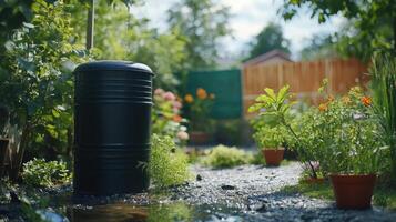 Black rain barrel in a vibrant garden during a sunny day with colorful flowers and plants visible in the background photo