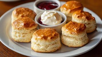 Freshly baked scones with cream and jam served on a white plate for afternoon tea photo
