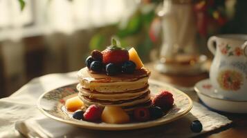Stack of fluffy pancakes topped with fresh berries and tropical fruit on a decorative plate in a cozy kitchen photo