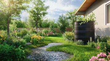 Lush garden with colorful flowers and a rainwater barrel beside a house on a sunny afternoon photo