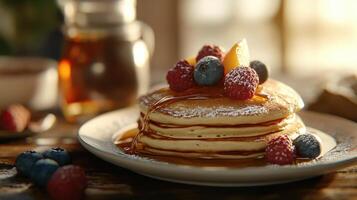 Delicious stack of pancakes topped with fresh berries and syrup on a rustic table photo