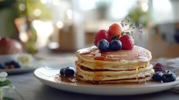 Delicious stack of fluffy pancakes topped with fresh berries and syrup in a cozy kitchen setting during morning hours photo
