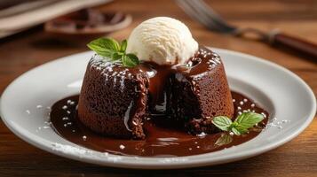 Chocolate lava cake with melting center and vanilla ice cream served on a rustic wooden table photo