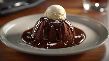 Warm chocolate lava cake topped with vanilla ice cream served on a plate in an elegant restaurant setting photo