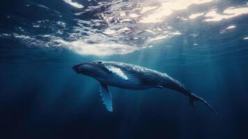 A humpback whale swims gracefully beneath the ocean surface in a sunlit marine environment photo