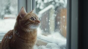 An orange cat gazes out the window at falling snowflakes during a winter afternoon photo
