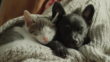 A kitten and puppy snuggle together under a cozy blanket, creating a heartwarming moment of companionship photo