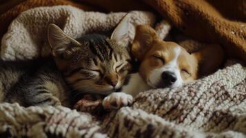 A kitten and a puppy cuddling together on a cozy blanket in a warm indoor setting photo