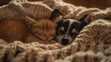 A cozy kitten and puppy cuddling under a knitted blanket in a warm living room during winter photo
