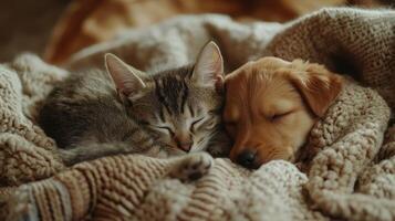 A sleeping kitten and puppy snuggled together under a cozy blanket in a warm indoor setting during the day photo