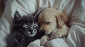 A gray kitten and a golden puppy snuggle together on a cozy blanket in a warm indoor setting photo