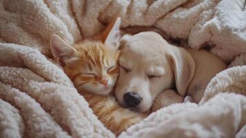 A kitten and puppy snuggled together in a cozy blanket during a warm afternoon photo
