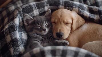 A puppy and kitten cuddle together under a cozy blanket in a warm indoor setting during winter photo