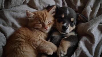 A playful orange kitten cuddles with a sleeping black and tan puppy on a soft blanket in a cozy indoor setting photo