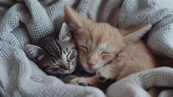 Two adorable kittens cuddling in a cozy blanket during a warm afternoon nap photo