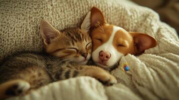 A kitten and puppy sleeping peacefully together on a cozy blanket in a warm indoor setting photo