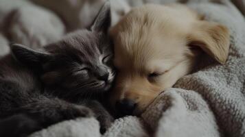 A cozy kitten and puppy snuggled together on a soft blanket in a warm home setting photo