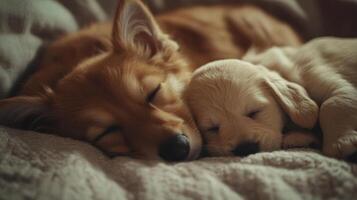 A golden retriever puppy peacefully cuddles with a corgi in a cozy home setting during the early morning hours photo