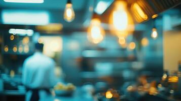 Chef preparing food in a bustling kitchen during evening service under warm lighting photo
