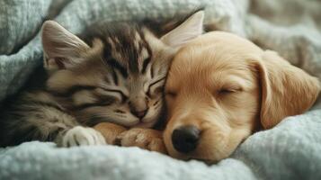 A sleepy kitten and puppy snuggled together on a cozy blanket in a warm indoor setting photo