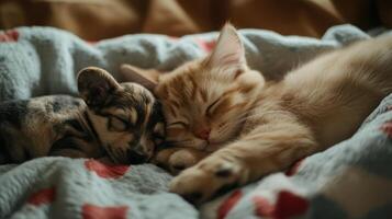 A kitten and a puppy peacefully sleeping together on a cozy blanket in a warm indoor setting photo