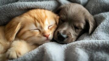 A playful orange kitten and a brown puppy cuddle closely on a soft blanket in a cozy indoor setting during the afternoon photo