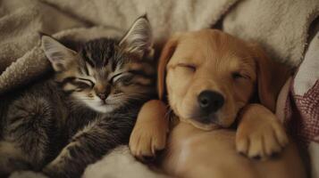 A puppy and kitten cuddling together in a cozy blanket on a soft surface during a peaceful afternoon photo