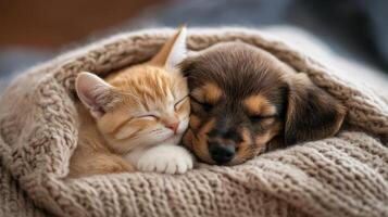 Cute kitten and puppy snuggle together under a cozy blanket in a warm indoor setting during the daytime photo