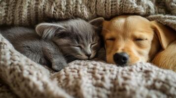 Kitten and puppy snuggled together under a cozy blanket on a chilly afternoon photo