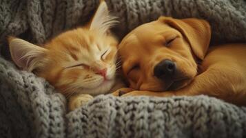 Cute orange kitten and golden puppy sleeping together under a cozy gray blanket in a warm indoor setting photo
