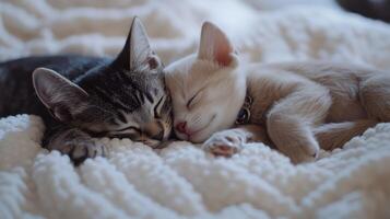 Two kittens sleeping peacefully together on a soft blanket in a cozy indoor setting photo