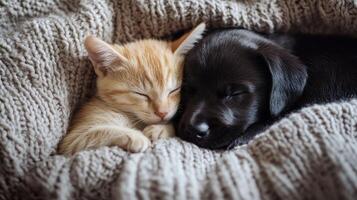 A sleepy kitten and puppy cuddled together under a cozy blanket photo