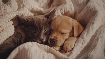 A kitten and puppy snuggle together under a cozy blanket during a tranquil afternoon photo