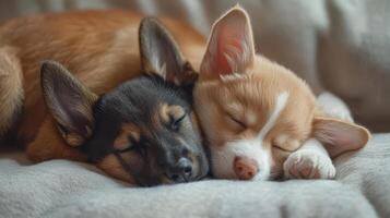Two puppies sleeping peacefully on a soft blanket in a cozy indoor setting during the afternoon photo