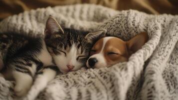A sleeping kitten and puppy cuddled together under a cozy blanket in a warm indoor setting photo