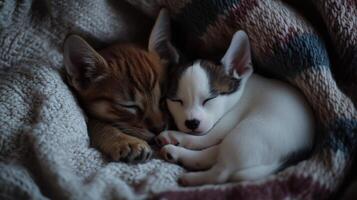 A playful kitten and puppy cuddle together on a cozy blanket during a peaceful afternoon photo