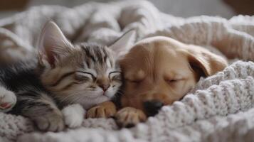 A kitten and puppy snuggle together on a cozy blanket in a warm indoor setting during the afternoon photo