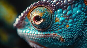 Close-up of a vibrant blue chameleon against a blurred natural background photo