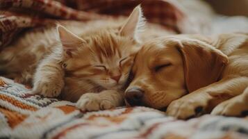 A sleeping kitten and puppy cuddling on a cozy blanket in a warm, relaxed indoor setting photo