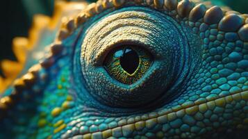 Close-up of a vibrant green lizard's eye showing intricate patterns in a natural habitat during daylight photo