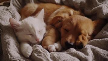 A sleeping kitten and puppy snuggled together in a cozy blanket on a chilly afternoon at home photo