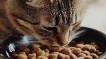A cat enjoys a bowl of dry kibble during mealtime at home photo