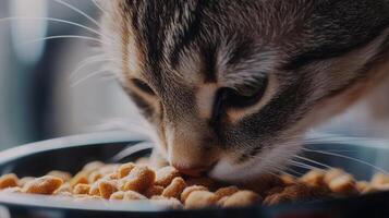 Cat enjoying kibble from a black bowl indoors during daylight hours photo