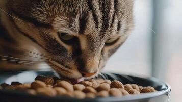 Cat eating from a black bowl of dry food indoors in natural light photo