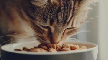 A curious cat enjoying a meal from a white bowl by a sunny window in a cozy home photo
