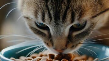 Cat enjoying a meal from a blue bowl in a cozy indoor setting during daylight hours photo