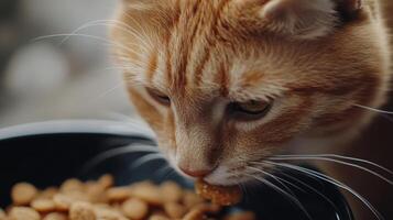 A close-up of a ginger cat eating from a black bowl filled with kibble in a cozy indoor setting photo